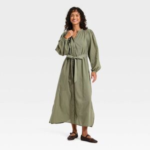 Women's Flounce Long Sleeve Collared Neck Maxi Shi Olive Green